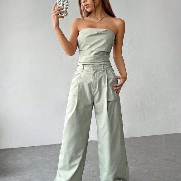 Grey Casual womens Solid Tube Top & Pants - Picture 4 of 5